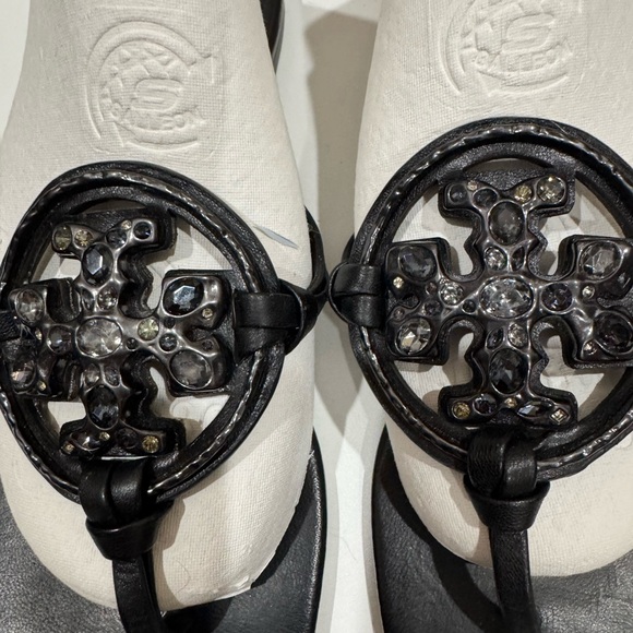 Tory Burch Miller Jeweled Crystal Leather Thong Sandals Black - Picture 4 of 10